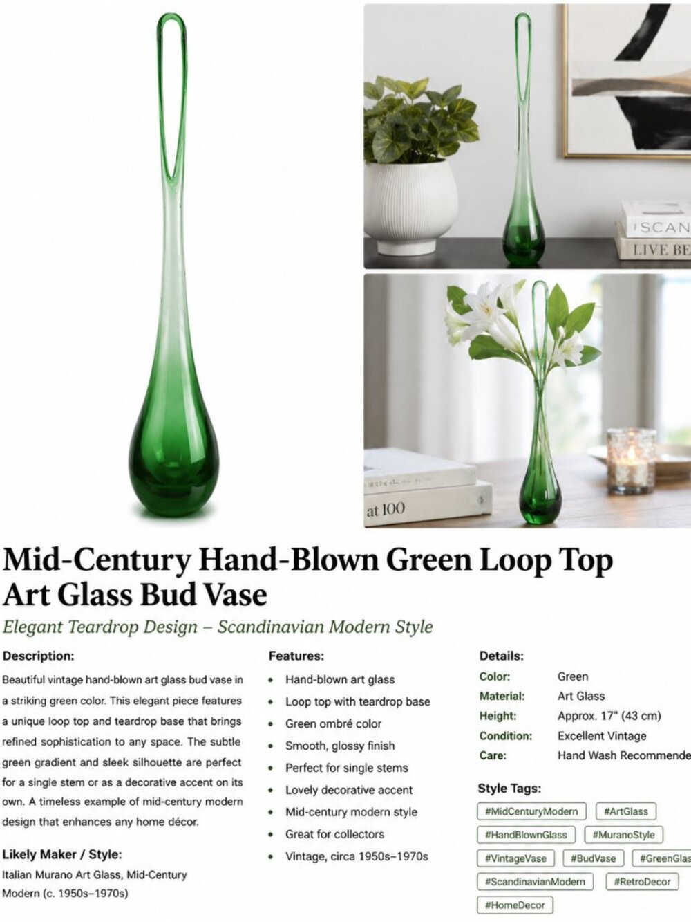 Hand-Blown Green Art Glass Bud Vase – Modern Sculptural Decorative Vase